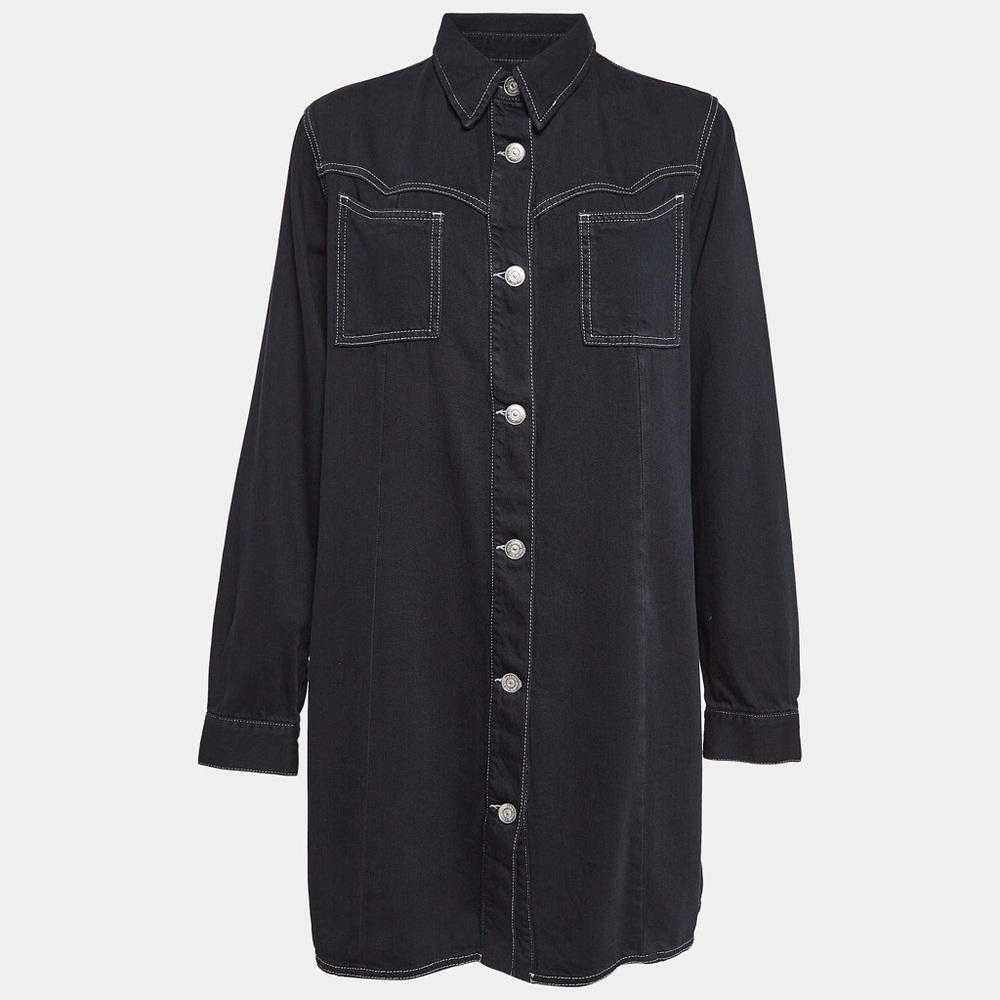 Ganni Black Long Button-Front Shirt Dress with Contrast Stitching